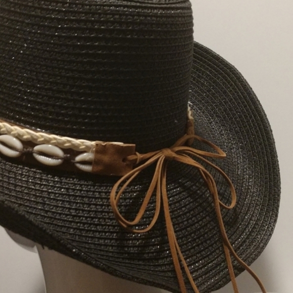 Unisex Straw Weave Western Beach Sun Hat Cowrie Cowry Shells Tassels Black Boho - Picture 4 of 14